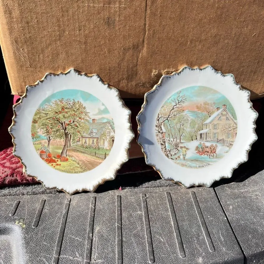 VTG Currier & Ives Autumn & Winter Plates 7.25” Gold Trim Wall Decor Set of 2